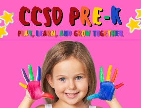 Pre-k title with the words Play Learn and grow together and a little pr-k student with paint on their hands
